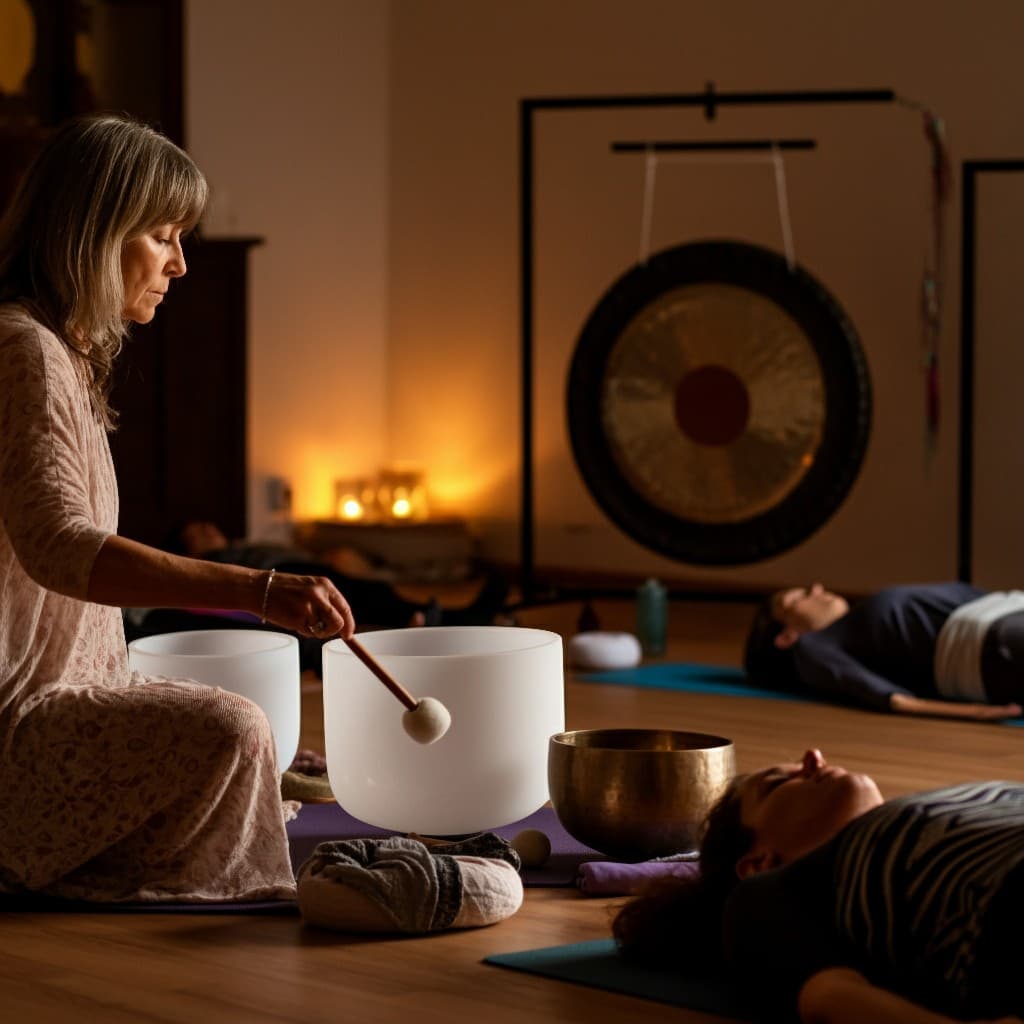Facilitator playing crystal singing bowls during a sound bath